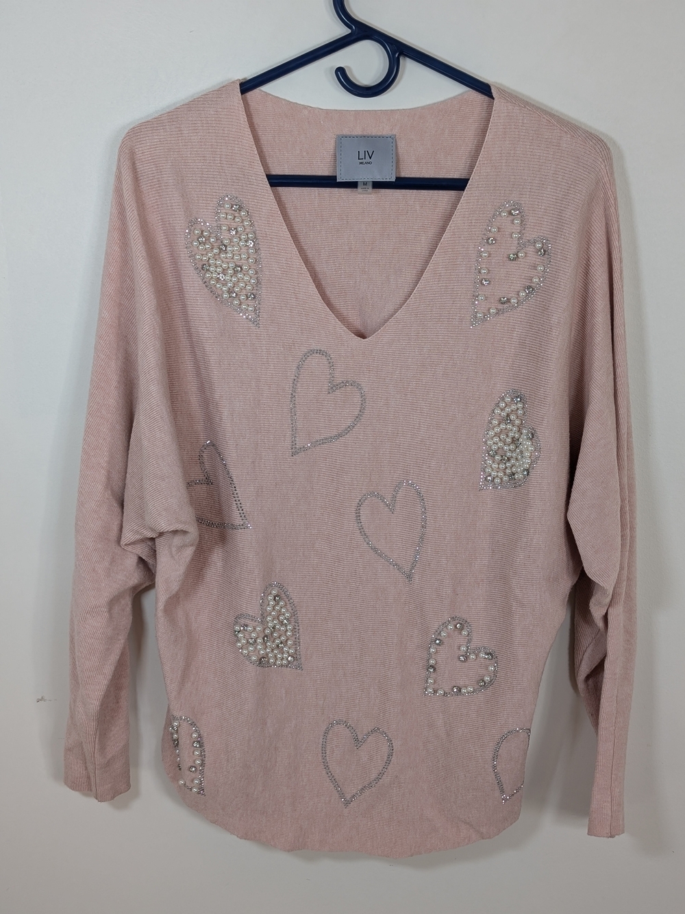 Liv Milano Blush Pink Heart Embellished V-Neck Sweater